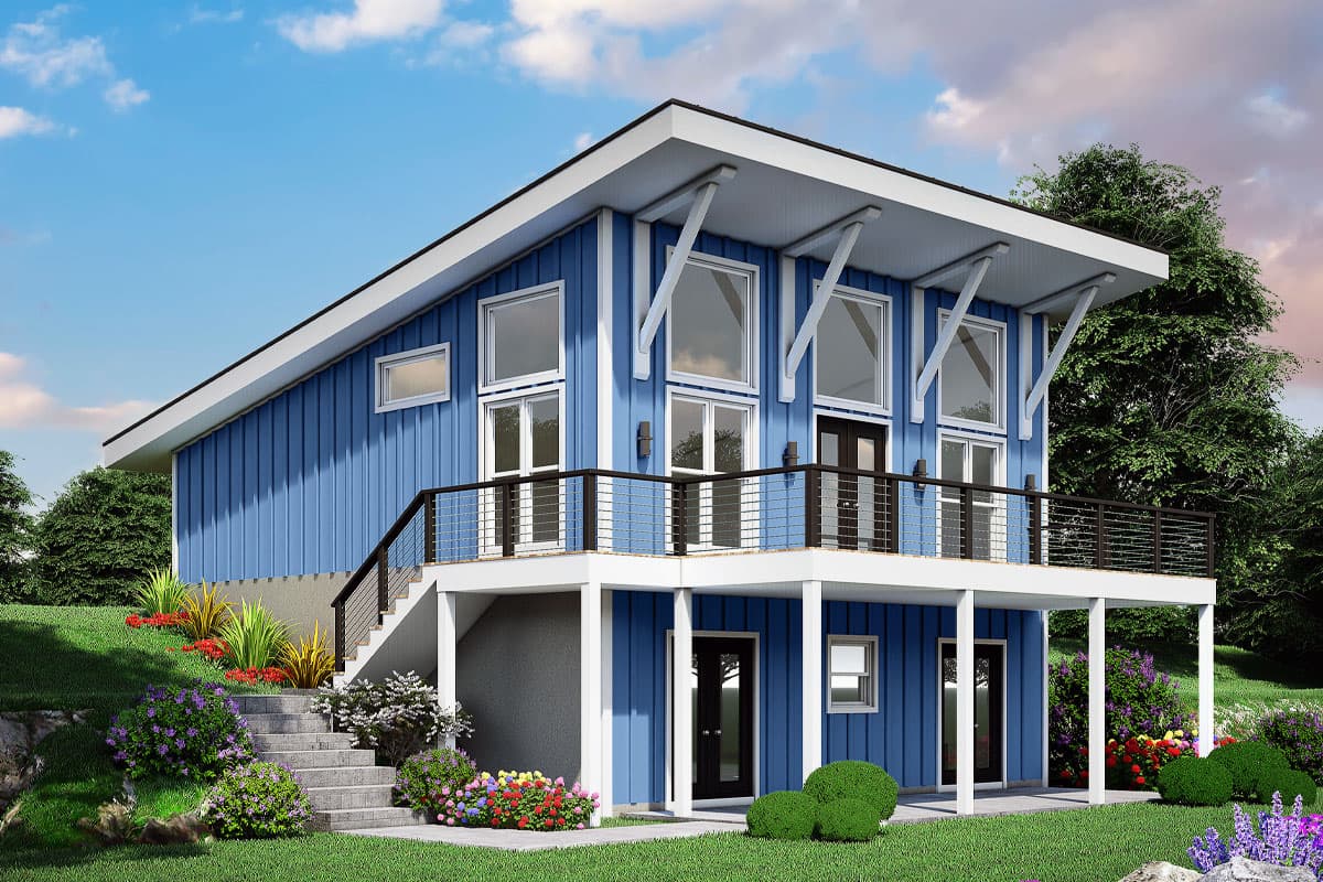 House plan exterior. Two-story modern style with flat roof and exposed supports. Features include a second-story balcony and metal railing.