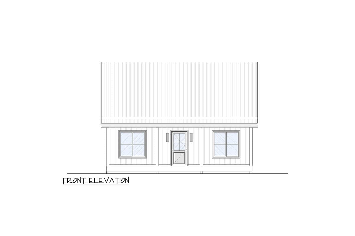 Front elevation drawing of a house plan showing a centered door with two windows flanking. Vertical siding on upper level.