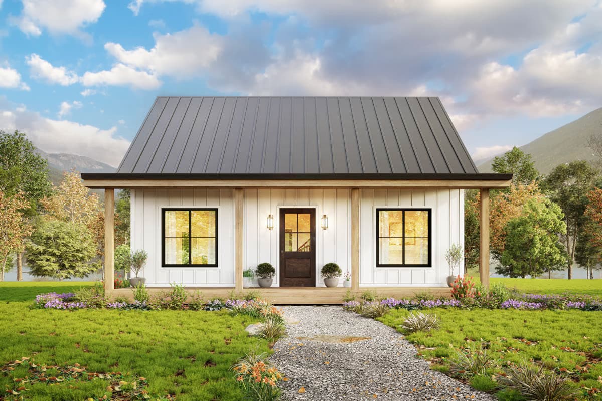 House plan exterior. Modern farmhouse style with gabled roof, covered porch, and board-and-batten siding. Includes two windows and front door.