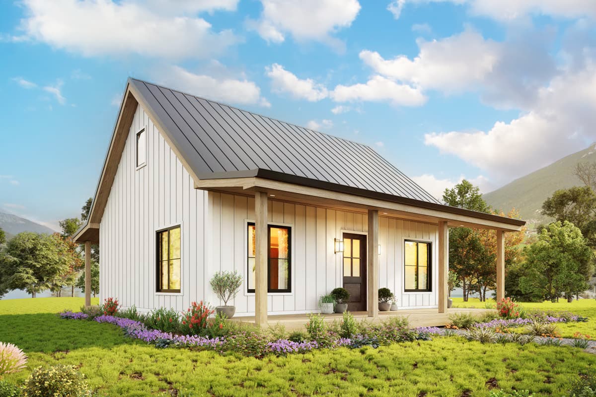 Modern Farmhouse house plan exterior with metal roof, covered porch, board and batten siding, and gabled dormer.