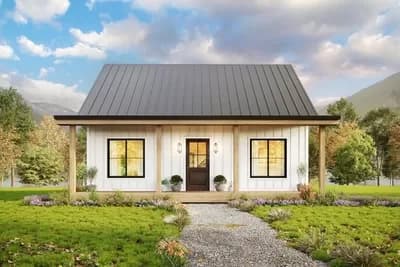 1-Bed Modern ADU House Plan with Two Story Great Room - 844 Sq Ft
