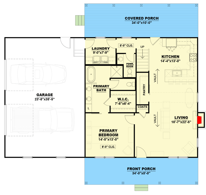 Plan 810028RBT: 2-Bed Country Cottage House Plan with Two-Story Great Room - 1780 Sq Ft - Floor Plan - Main Level - Barndominium, Cottage, Country, Farmhouse, Modern Farmhouse