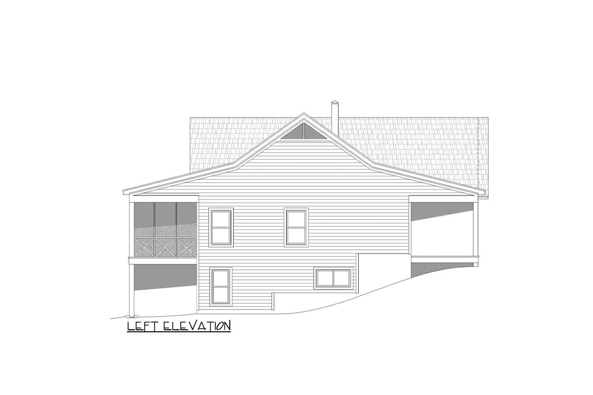 Left elevation house plan showing a gabled roof, screened porch, and hip-roofed porch.