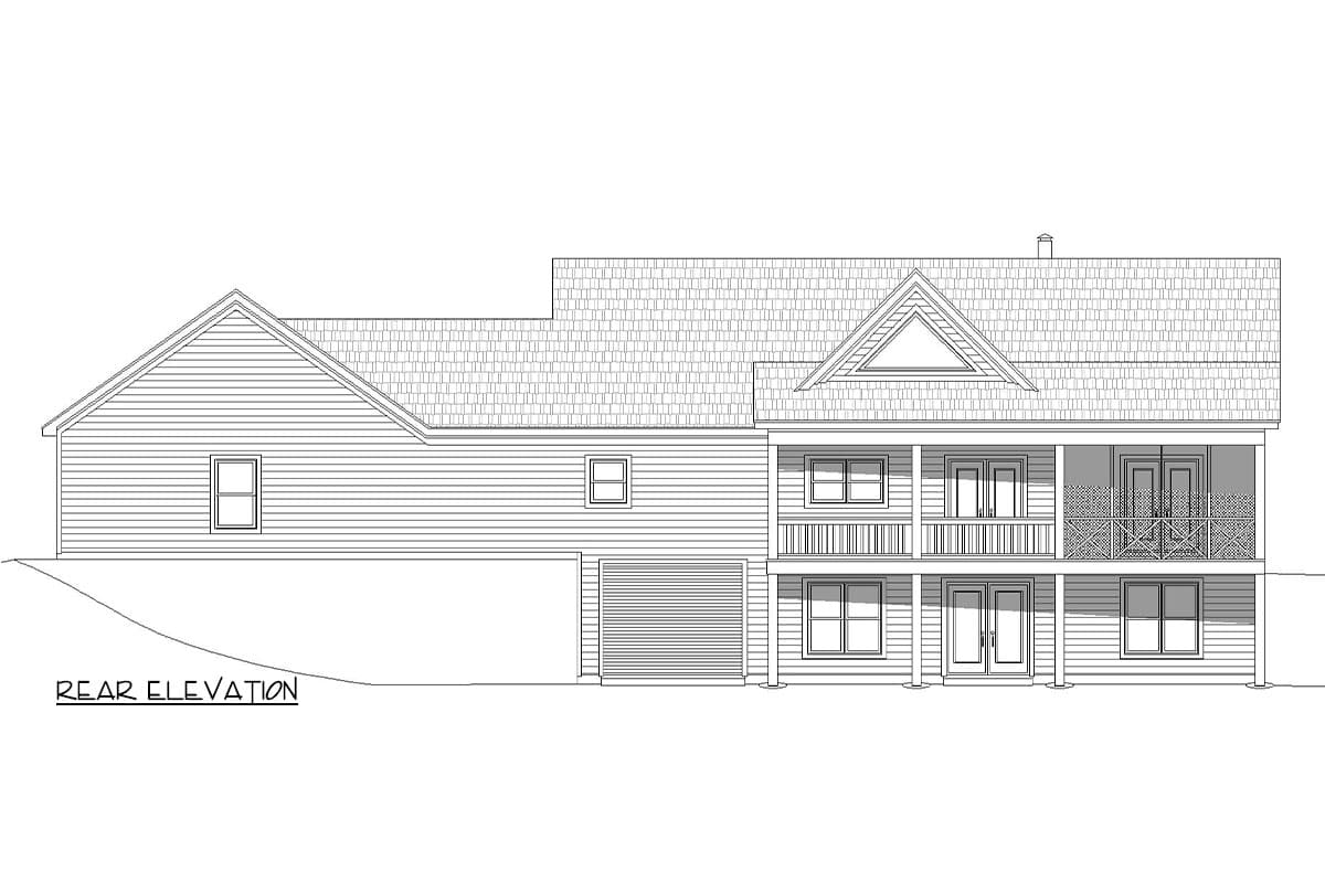 Rear elevation drawing of a two-story house with a side-entry garage, gable, and covered balconies.