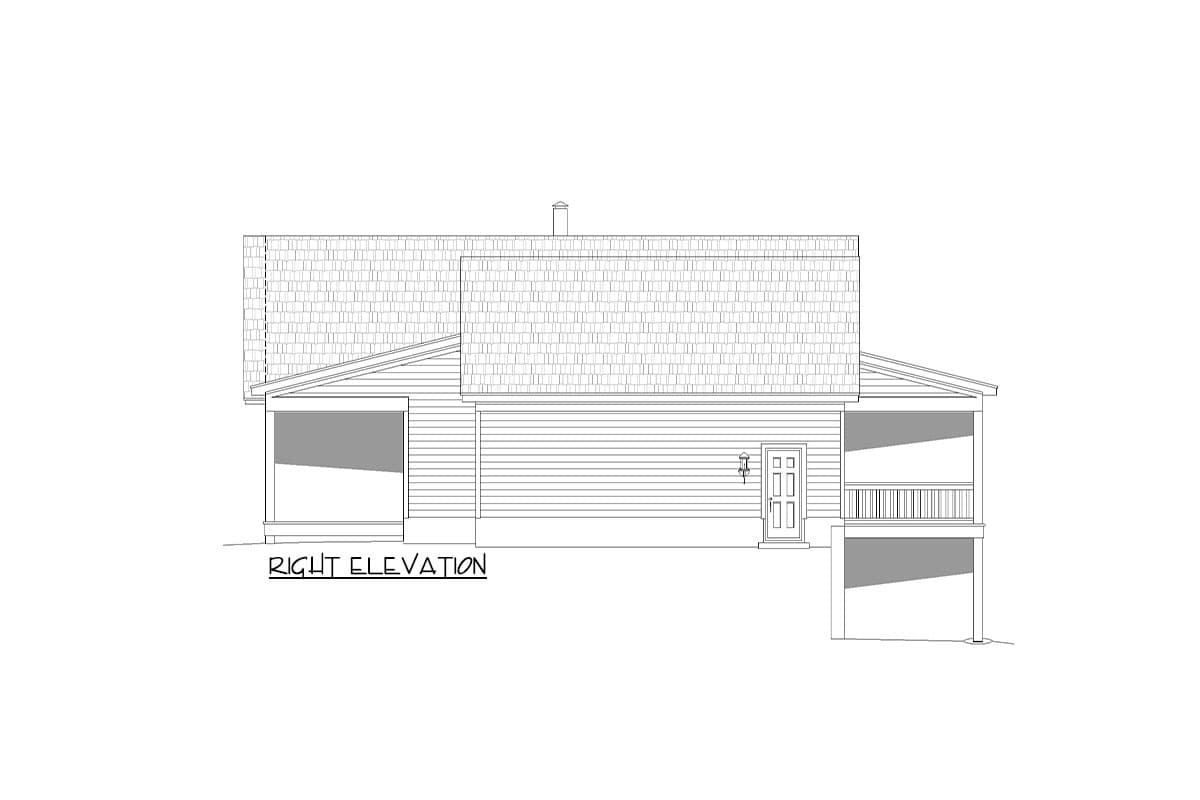 Right elevation house plan shows a roof with dormers, a covered porch on the left, and a raised deck with railing on the right.