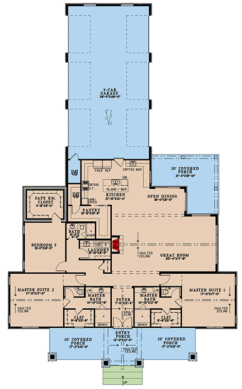 Plan 70893MK: One-Story Modern Farmhouse with Two Master Suites - 3067 Sq Ft - Floor Plan - Main Level - Modern Farmhouse, Traditional