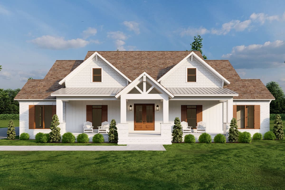 House plan exterior. Two-story Modern Farmhouse with gabled roof, covered porch, and dormers. Features include brick and shingle siding.