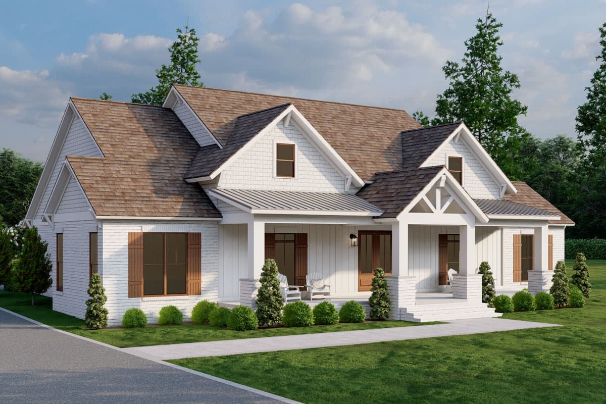 House plan exterior: Modern Farmhouse style, one story, white siding, multiple gables, covered porch with wood beams and brick supports.
