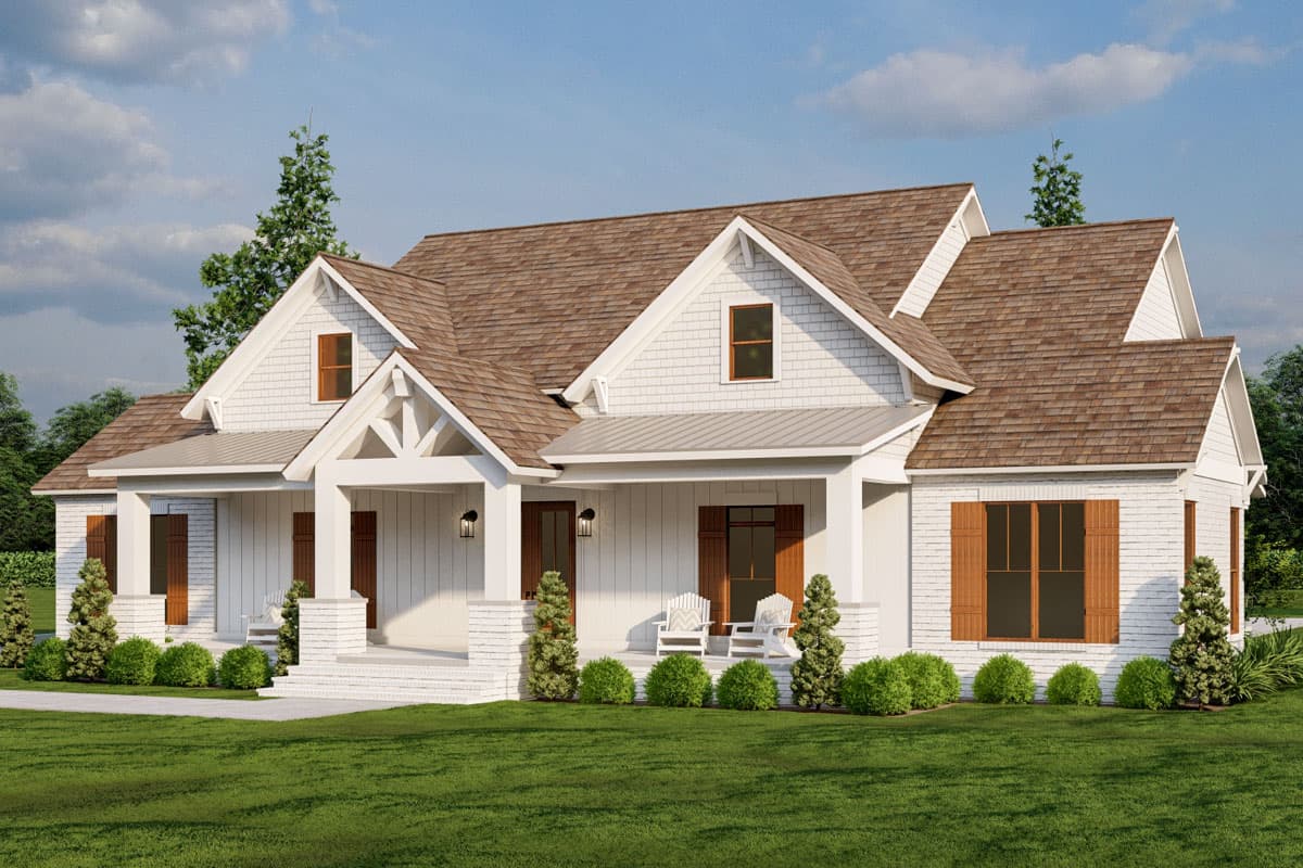 Modern Farmhouse style house plan exterior with a covered front porch, gable dormers, and white board-and-batten siding.
