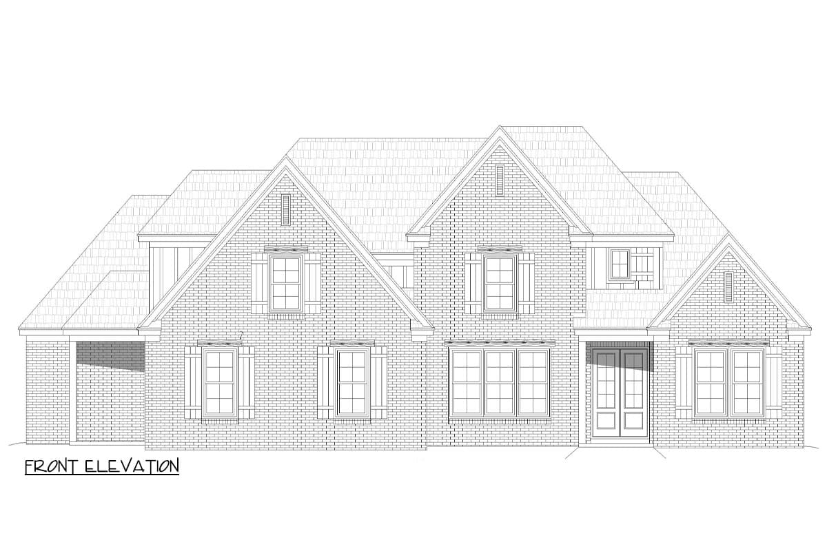 Front elevation drawing of a two-story brick house with multiple gables, dormers, and a covered front entry.