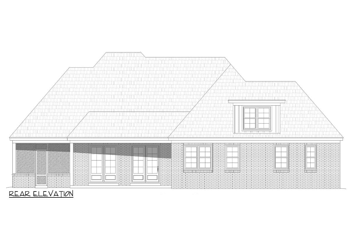 Rear elevation house plan with brick exterior, screened porch, double doors, and dormer window.