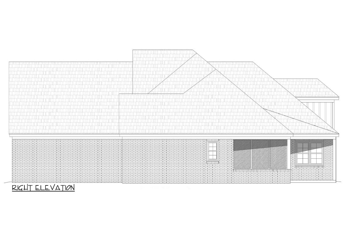 Right elevation of house plan showing brick base, multiple gables, hip roof, and a covered porch area.