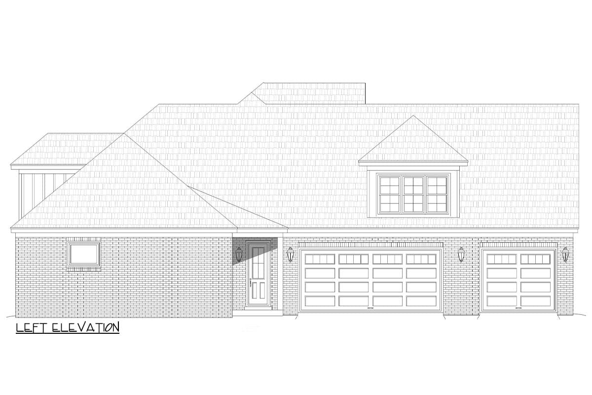 Left elevation house plan with brick exterior, hip roof, dormer, and triple-car garage.
