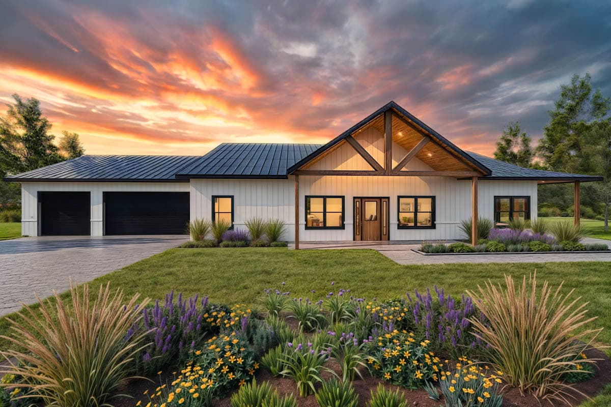 A modern farmhouse with a dark roof and black trim. Lush landscaping in front with a vibrant sunset sky visible in the background.
