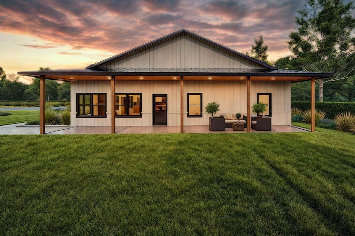 Modern single-story home with porch, dark framed windows, and a black door. A manicured lawn leads to the house, with a sunset sky in the background.