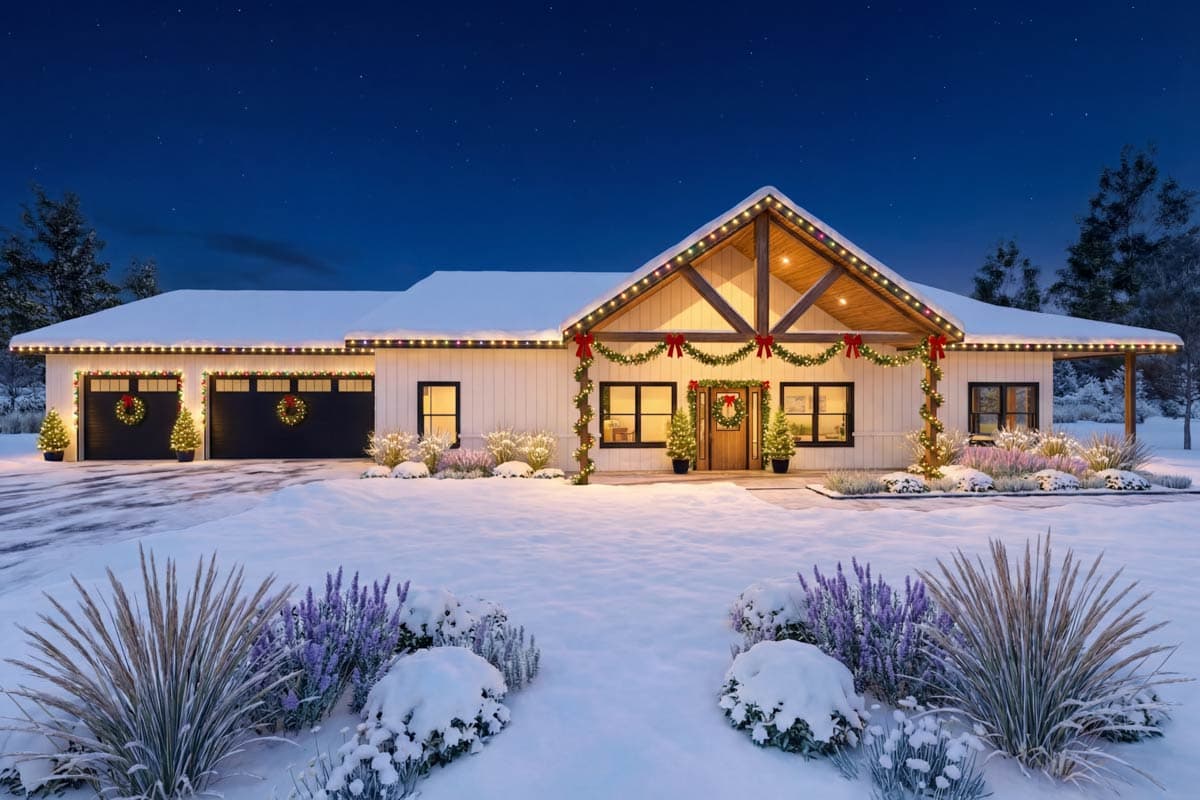 A snow-covered house at night, decorated for Christmas with lights, wreaths, and garlands. A starry sky and snow-covered yard complete the scene.