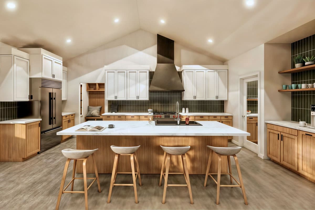 A modern kitchen with a large island and bar stools. White cabinets and wood accents contrast with a dark backsplash and stainless steel appliances.