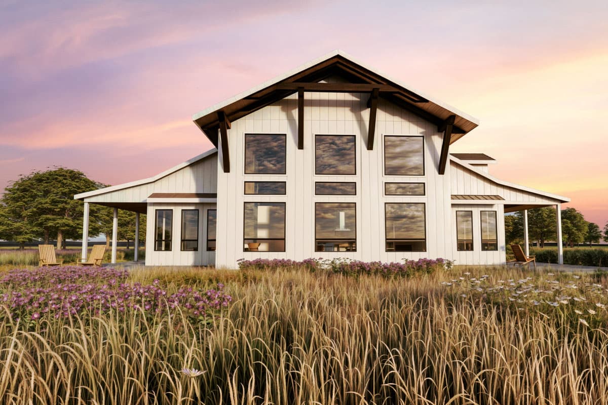 Modern Farmhouse house plan exterior with a steep gable roof, large windows, and wrap-around porches.