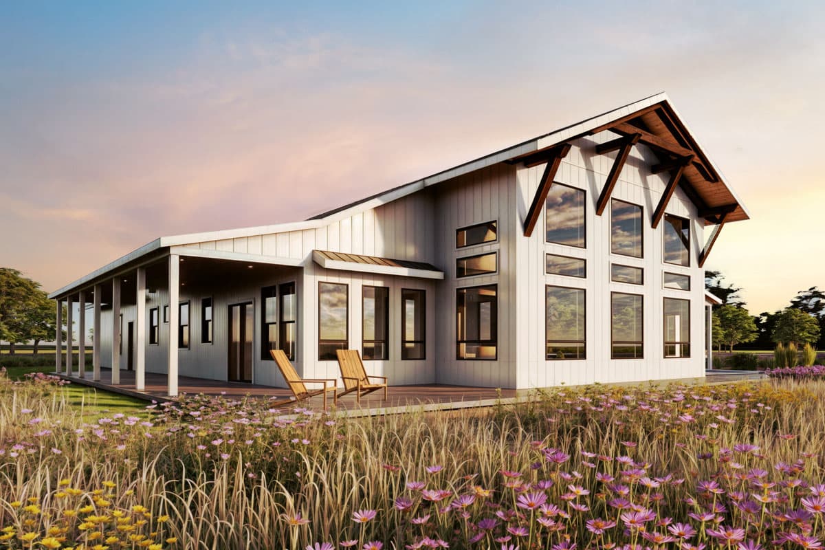 Modern farmhouse house plan exterior with wraparound porch, vertical siding, and a gable roof with exposed rafters.