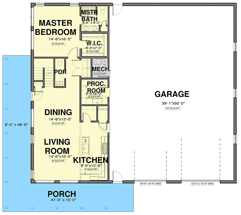 Plan 600002PDZ: 4-Bed Barndominium House Plan with Wrap Around Porch - 2609 Sq Ft - Floor Plan - Main Level - Barndominium, Country, New American