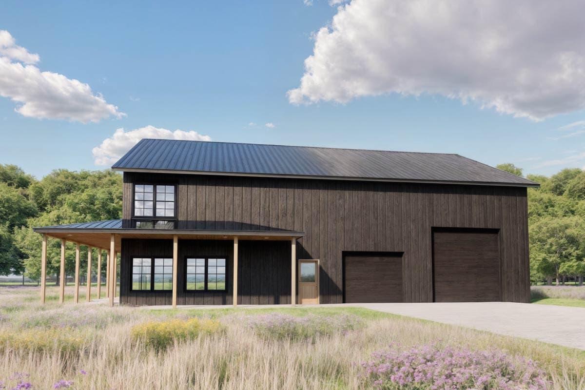 House plan exterior with two stories. Modern style with a covered porch, dark siding, and attached garage. Metal roof.