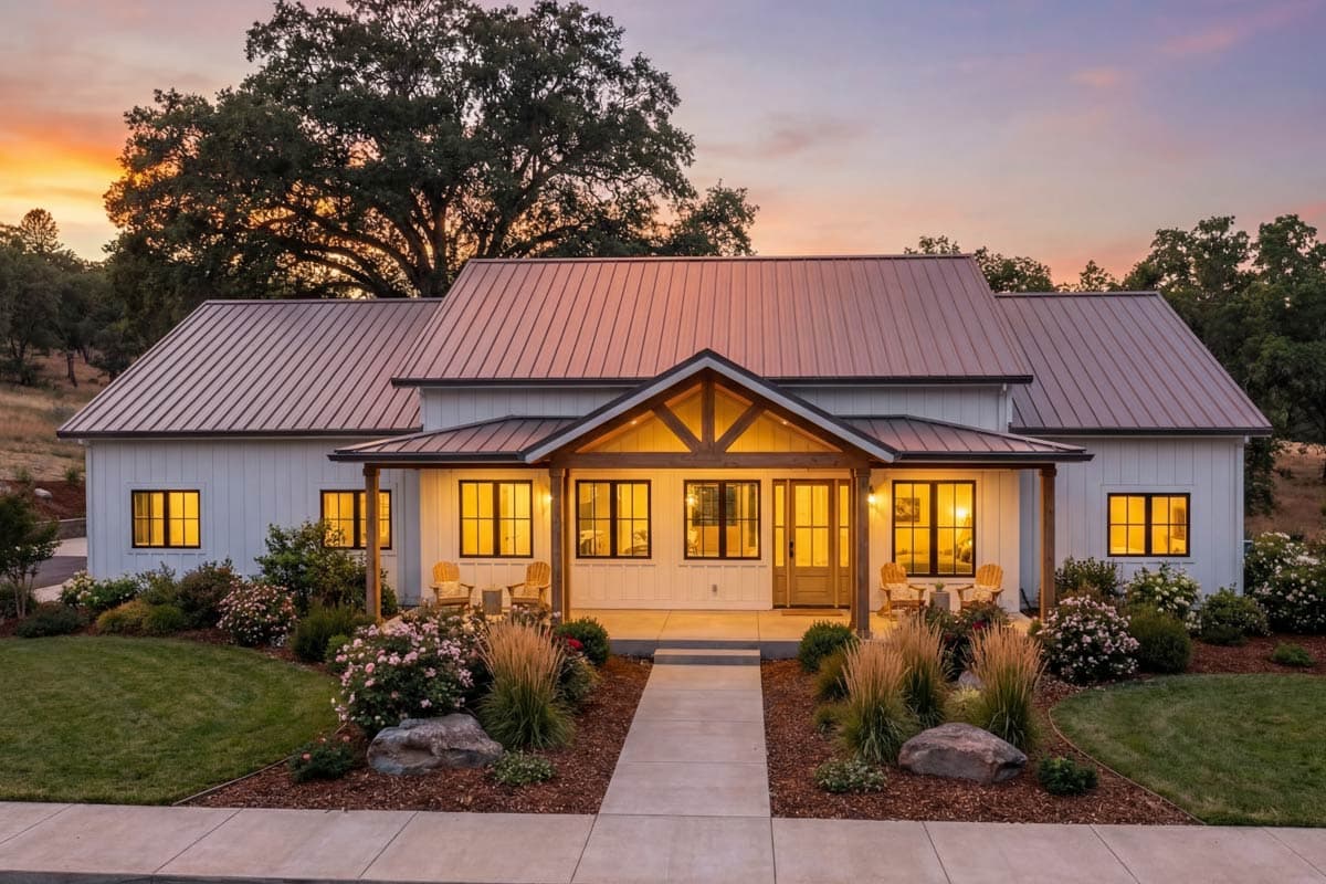 A white farmhouse with a brown metal roof at sunset. The front porch has wooden supports and chairs. Landscaping frames the walkway to the front door.