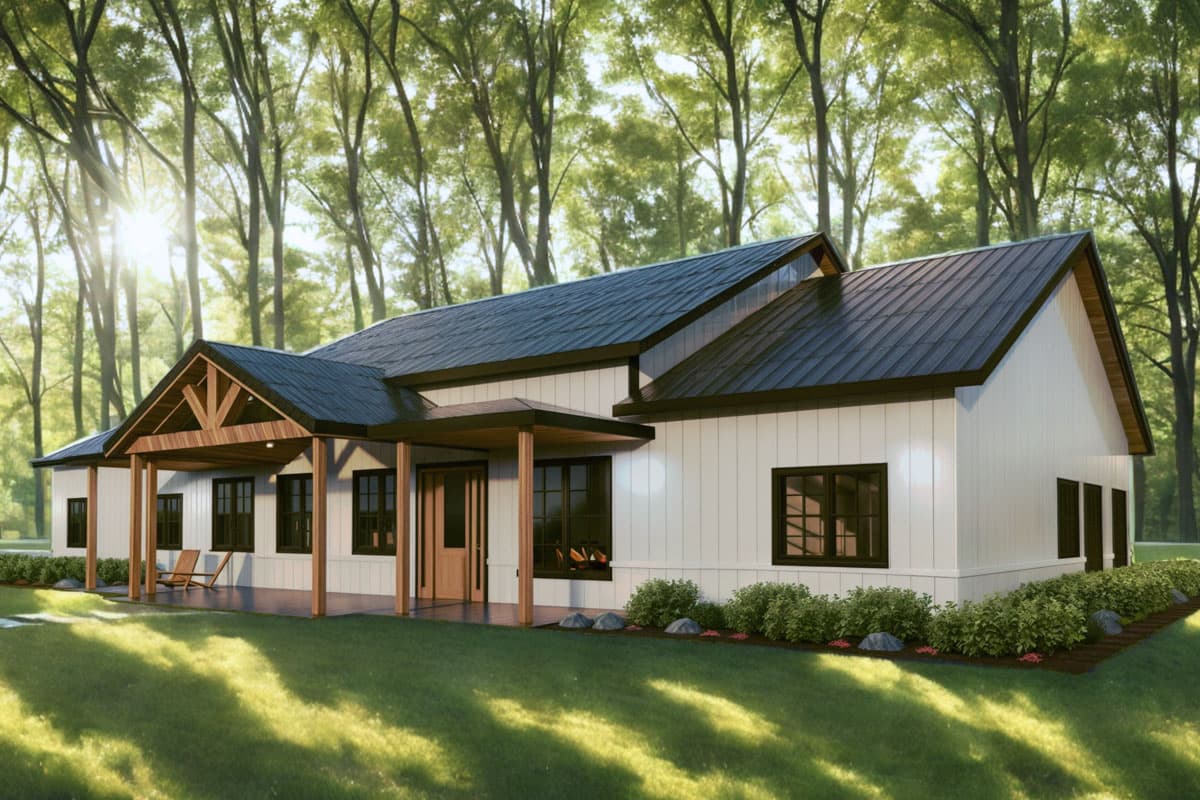 A modern white farmhouse with a black roof sits in a sunlit clearing in a forest. It features a porch with wooden accents.