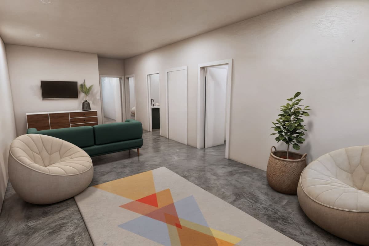 Modern living room featuring a green sofa, two round armchairs, a geometric rug, and potted plant, with a TV on the wall.