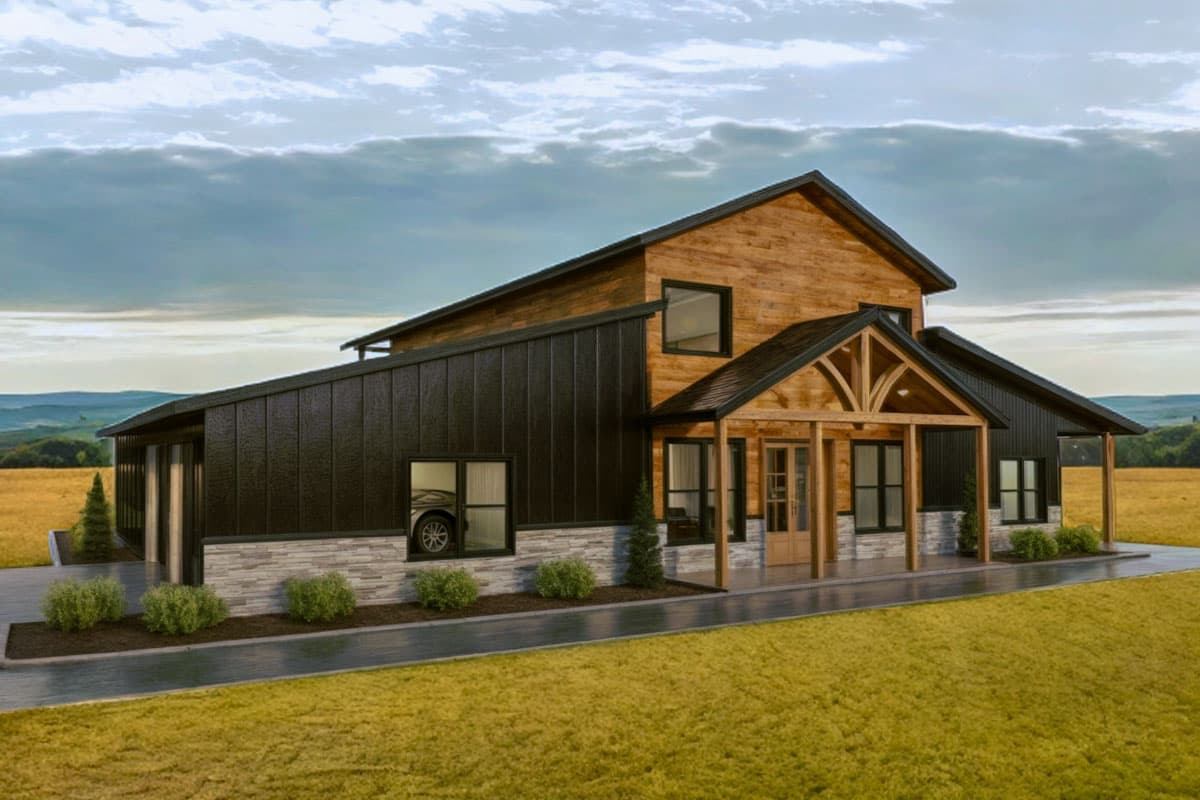 Modern farmhouse style house plan exterior with timber-frame covered entry, metal siding, stone accents, and two-car garage.