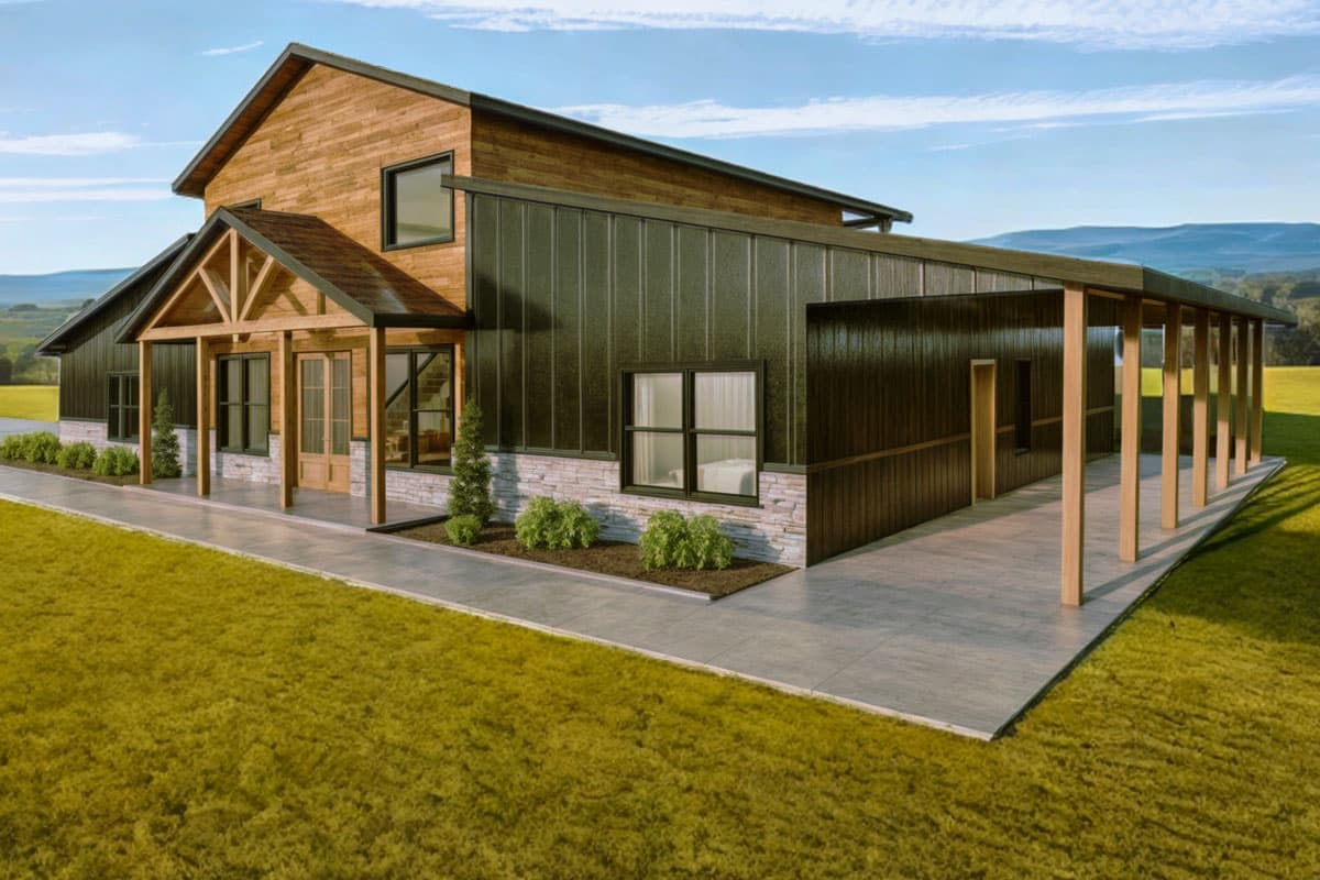 Modern house plan exterior with wood and metal siding, gabled entry porch, and covered walkway.