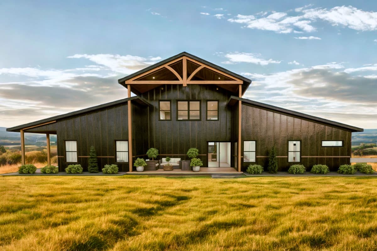 Modern house plan exterior with dark vertical siding, gabled roof, exposed timber trusses, and covered porch.