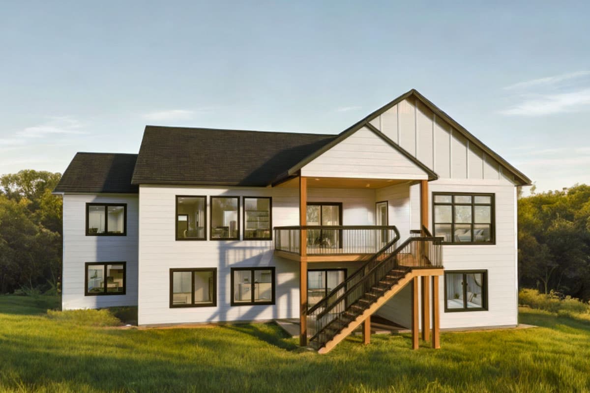 Two-story white house with black trim and a deck. Exterior stairs lead to the deck. Located in a grassy area with trees in the background.