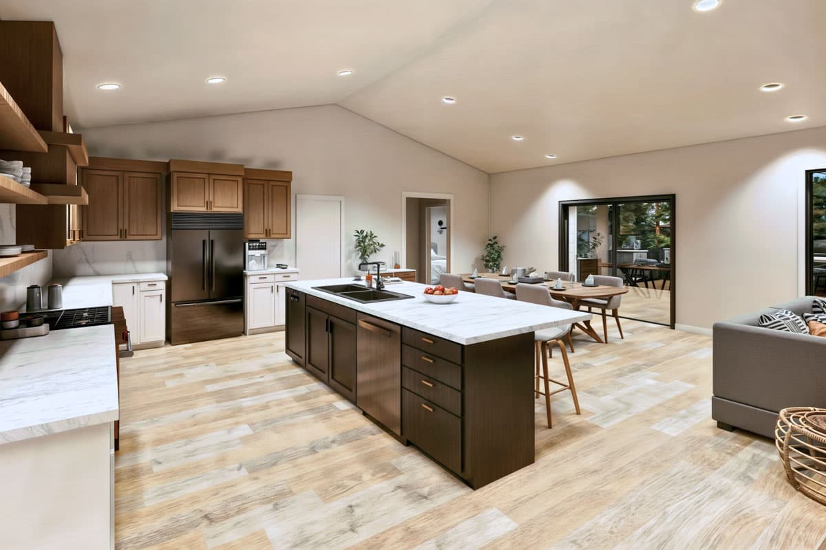 Modern, open-concept kitchen with a large island, dark cabinetry, and light wood flooring. A dining area and living space are visible.