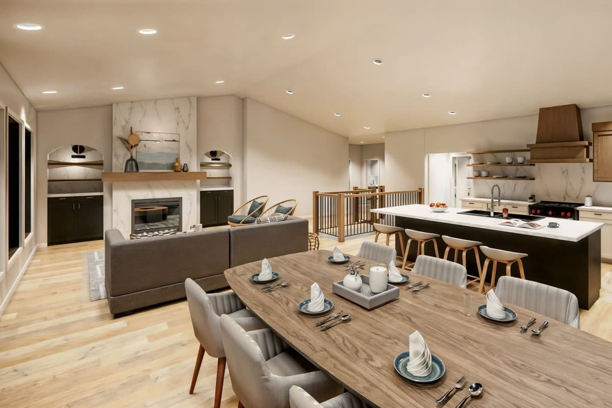 A modern, open-concept home interior with a dining area, kitchen island, and living room featuring a fireplace and seating.