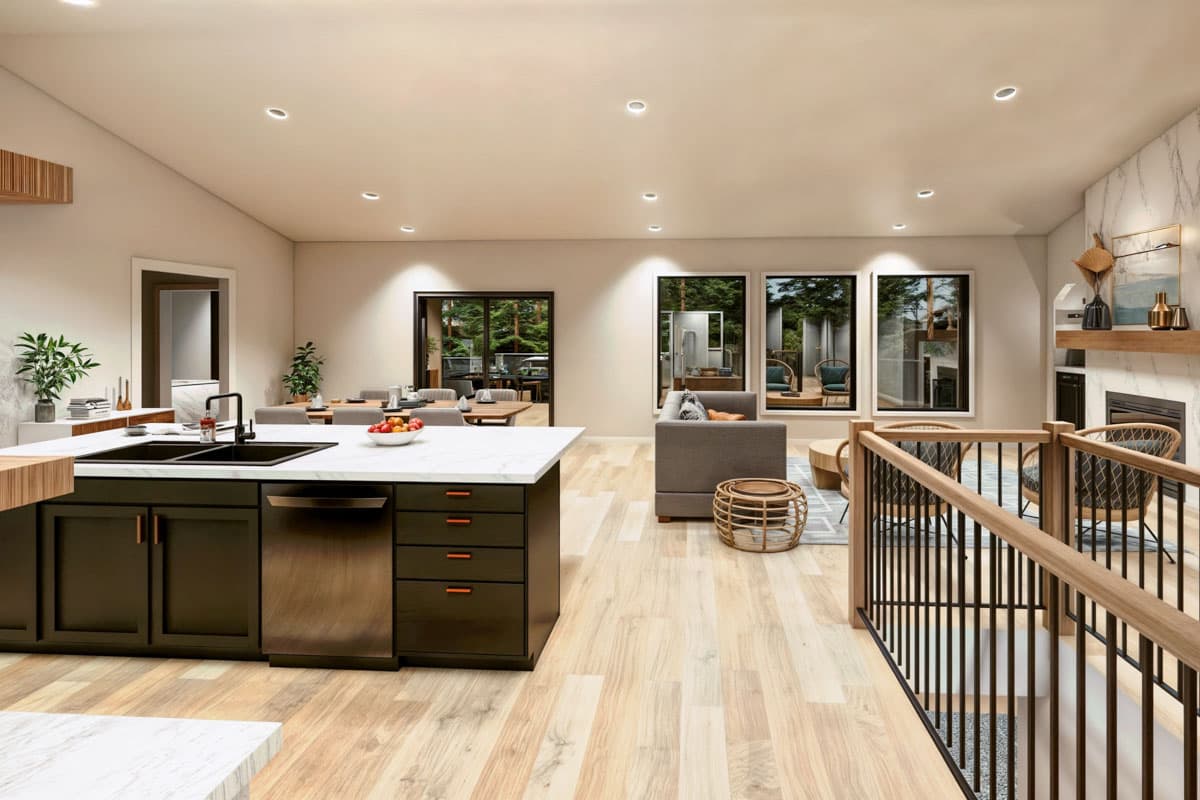 Modern open-concept living space with a kitchen island, dining area, living room with large windows, and a cozy fireplace.