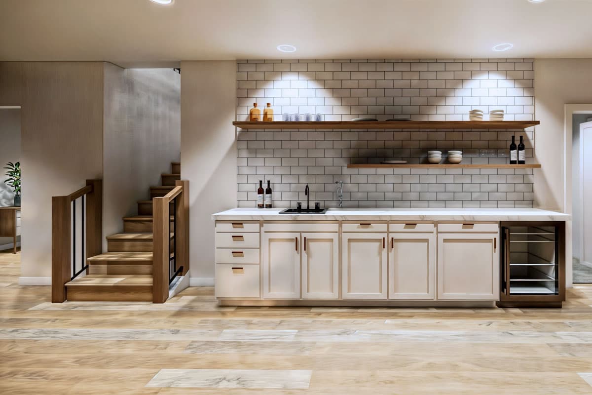 Modern basement wet bar featuring a white tile backsplash, cabinetry, marble countertop, and a built-in wine cooler.