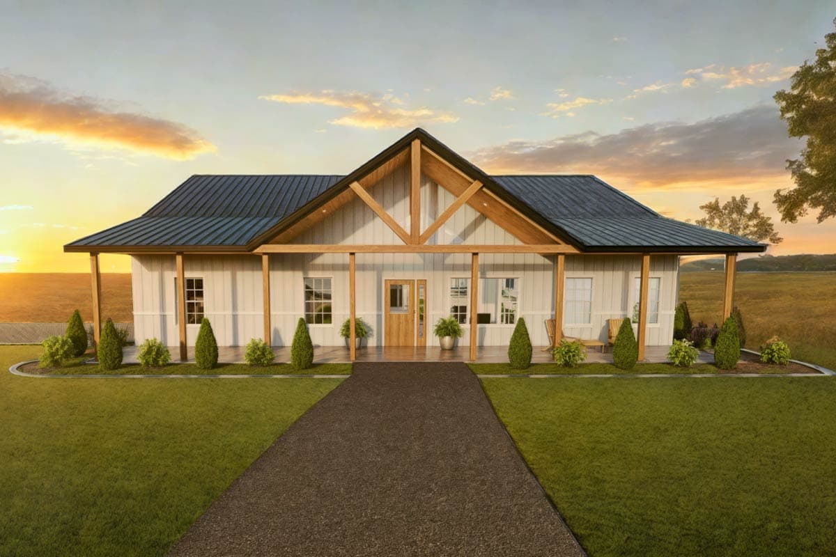 Modern Farmhouse house plan exterior: one story, gabled roof with exposed beams, covered porch, and board and batten siding.