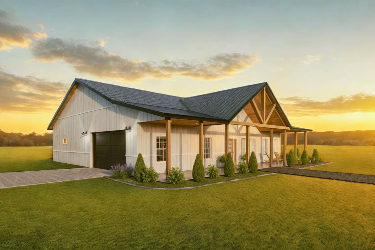 House plan exterior: Modern Farmhouse style, one story, with a wrap-around porch, prominent gables, and side-entry garage.