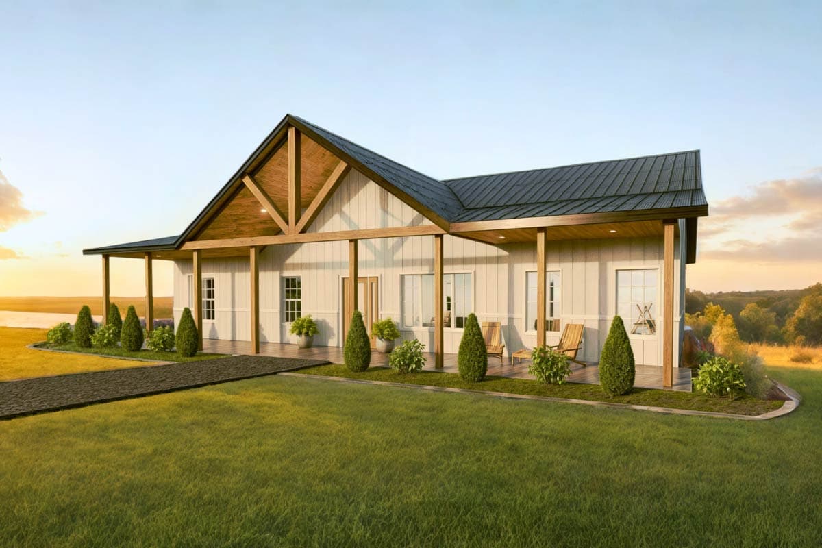 House plan exterior. Ranch style with a gabled roof and a covered porch supported by columns. The home is one story.