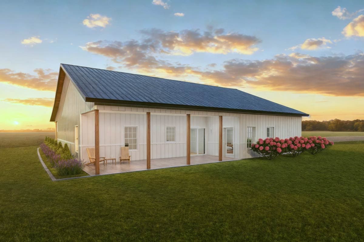 House plan exterior: Modern Farmhouse style, single story, with a covered porch, metal roof, and gabled end.