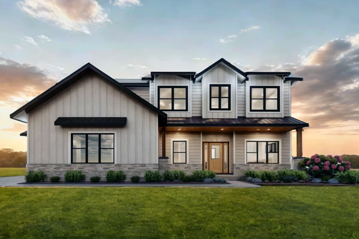 House plan exterior. Two-story Modern Farmhouse with gabled roof, covered entry porch, and black-framed windows.