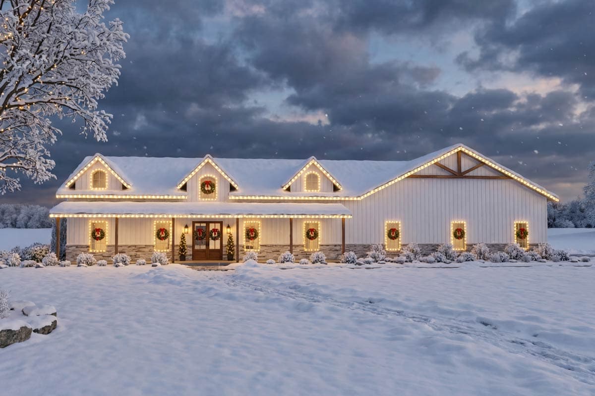 A snowy, festive house glows with Christmas lights and wreaths. The white building has a covered porch and is surrounded by snow, under a cloudy sky.