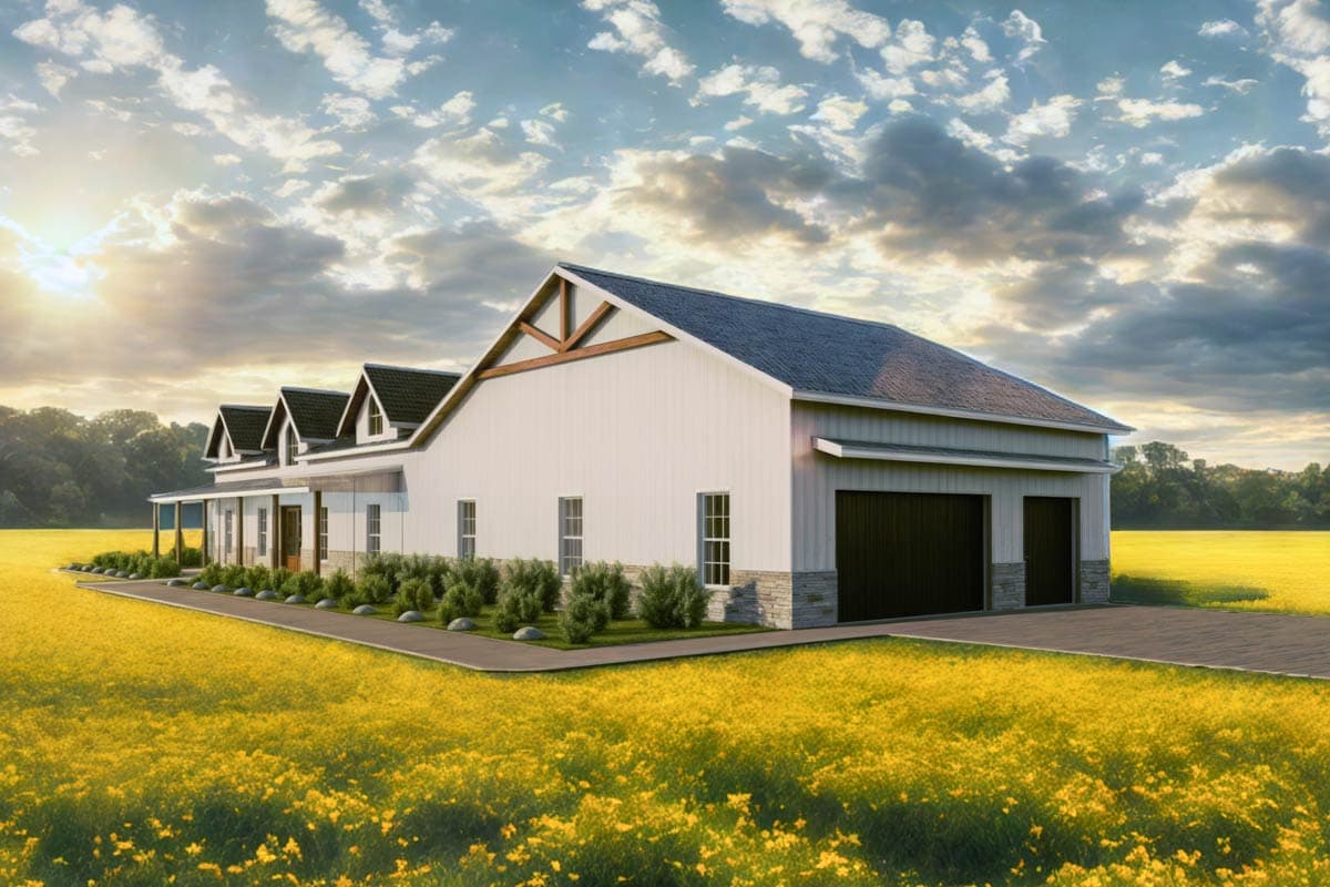 A white barn-style home with a gray roof and black garage doors sits in a field of yellow flowers under a cloudy sky.
