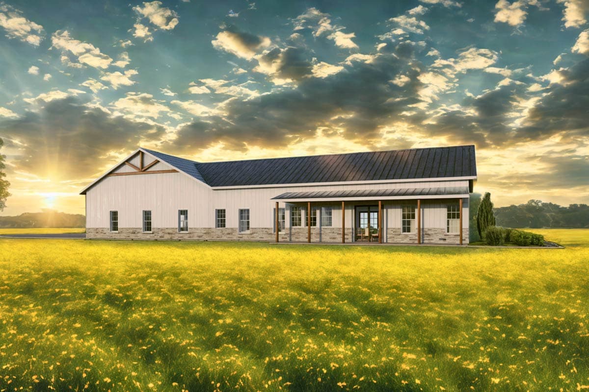 A large, modern farmhouse with a dark roof and a porch stands in a field of yellow flowers under a dramatic sunset sky.
