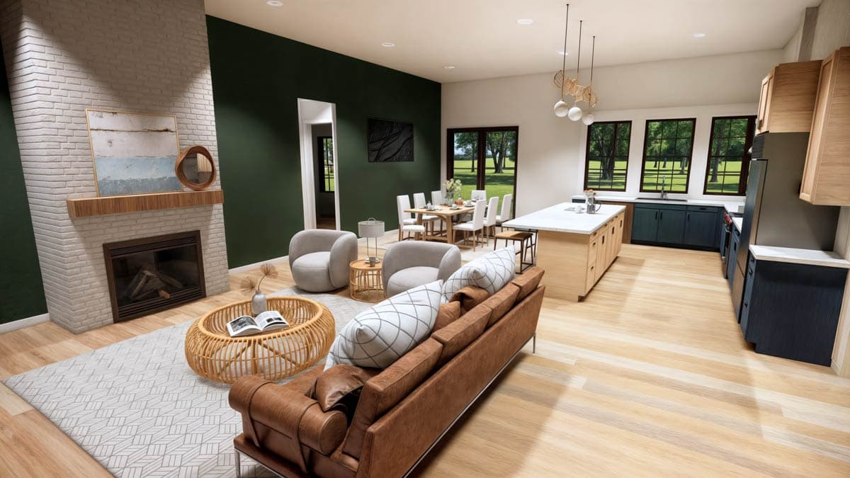 Spacious, modern living space with a fireplace, open kitchen, and dining area. The design features a neutral color palette with green accents.
