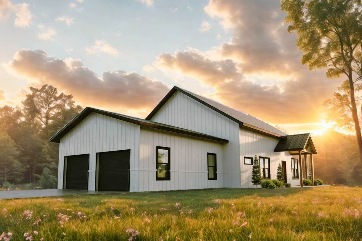 Modern Farmhouse house plan exterior with white vertical siding, prominent gables, and a two-car garage.