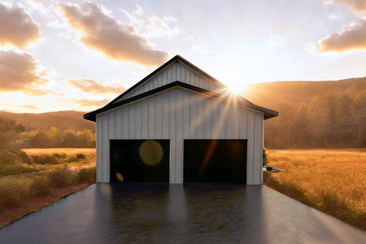 House plan exterior: Modern vertical siding, gable roof, two-car garage doors.