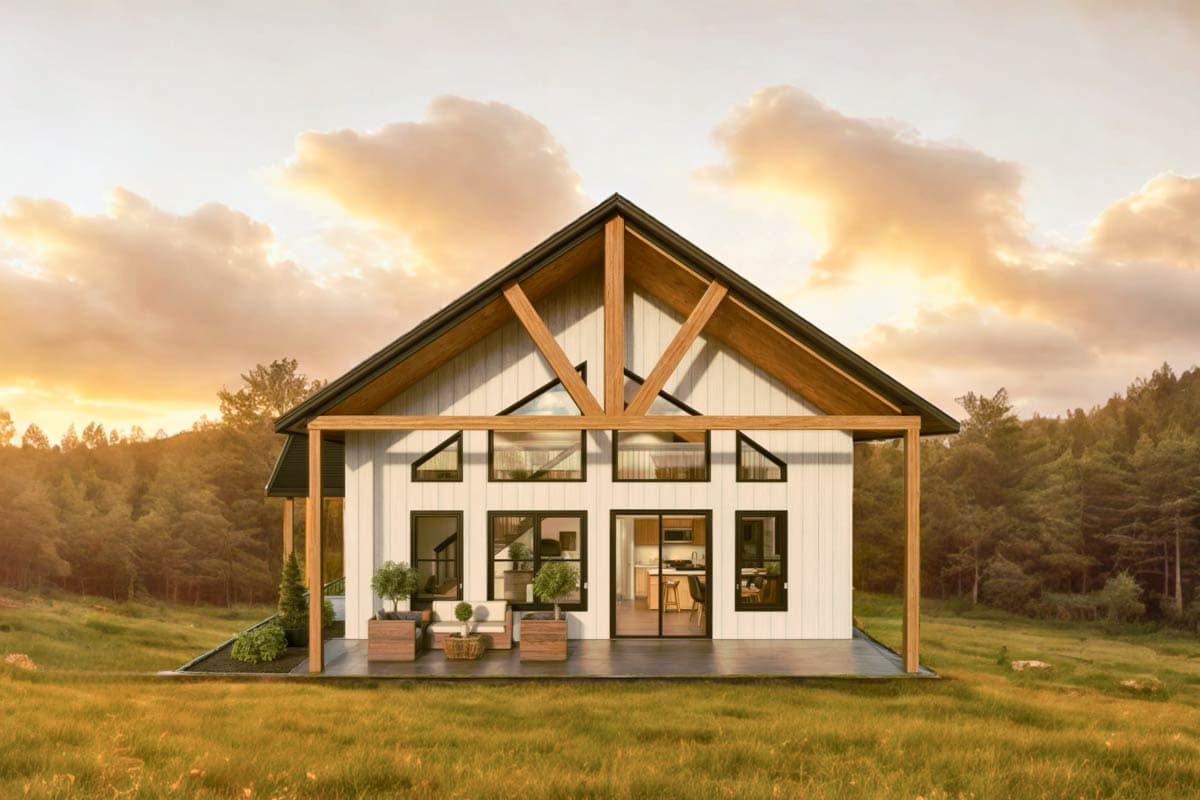 Modern house plan exterior with white siding, prominent wood beams, gable roof, and large windows.