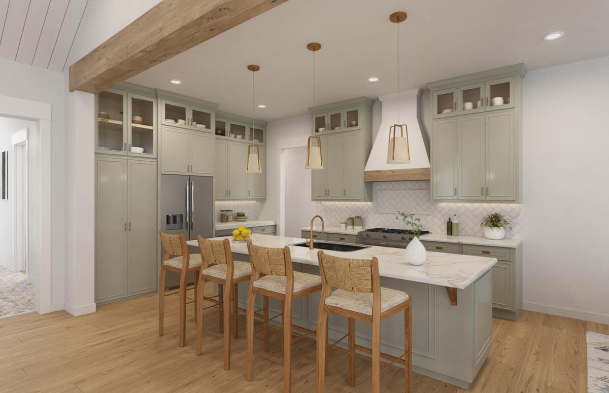 Kitchen interior with sage green cabinets, island with seating, stainless steel refrigerator, and a decorative wood beam ceiling.