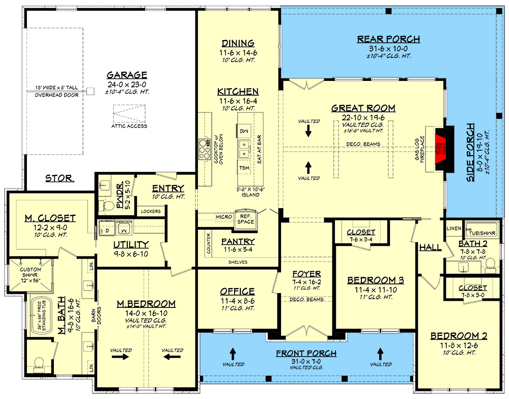 Plan 51973HZ: 3-Bed Transitional Modern Farmhouse House Plan with Home Office - 2407 Sq Ft - Floor Plan - Main Level - Mid Century Modern, Modern Farmhouse, New American, Transitional